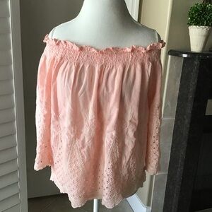 love J Off Shoulder Eyelet Blouse XLARGE Cropped Coral Pink 100% Cotton Romantic